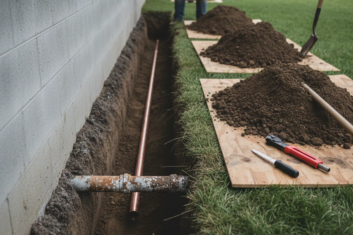 Excavated water line trench during Water Softener Installation in Evansville